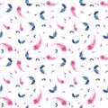 Blue and pink feather seamless watercolor pattern Royalty Free Stock Photo