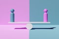 Blue and pink figures on scale in balance on pink and blue background, abstract concept of male and female gender equality