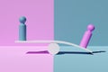 Blue and pink figures on scale in imbalance on pink and blue background, abstract concept of male and female gender inequality