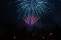 Blue pink fireworks in Ostrava - city hall clock Royalty Free Stock Photo