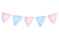 Blue pink flags for twins, boy girl, kids birthday surprise. Hand drawn watercolor illustration isolated on white