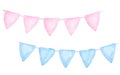 Blue pink flags for twins, boy girl, kids birthday surprise. Hand drawn watercolor illustration isolated on white