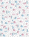 Abstract Geometric Vector Pattern. Retro Memphis Style. Blue and Pink Elements. White Background. Seamless Graphic. Circles, Squar