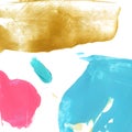 Blue, pink and gold paint stains on white background. Bright creative texture.
