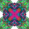 Blue, pink and green symmetrical kaleidoscope pattern. 3d waves