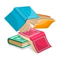 Blue, pink, green, yellow thick books falling down or flying. Revising for exams at school.