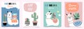 Blue pink hand drawn cute card with llama,cactus,glasses,heart.