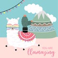 Blue pink hand drawn cute card with llama,flower,light,mountain and cloud.You are llamazing