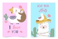 Blue pink hand drawn cute card with llama,sloth,hat,heart.I love you.Love you llots