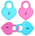 Blue and pink heart shaped padlock. Valentine day design elements. 3D rendering. Royalty Free Stock Photo