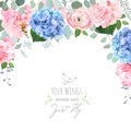 Blue and pink hydrangea, rose, ranunculus, carnation flowers