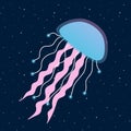 Blue and pink jellyfish on a dark blue background illustration underwater sea medusa fluorescent srar vector Royalty Free Stock Photo