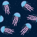 Blue and pink jellyfish on a dark blue background seamless pattern underwater sea medusa fluorescent srar vector Royalty Free Stock Photo