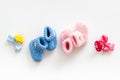 Booties for newborn boy and girl with dummy on white background top view Royalty Free Stock Photo