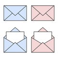 Blue and pink mail linear icons. Open and closed envelopes. E-mail symbol for your design