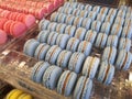 Blue and pink macaroons close up