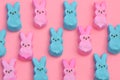 Blue and pink marshmallow bunnies on pink