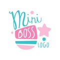 Blue and pink mini boss logo creative design. Original label for kids-focused business. Colorful hand drawn vector