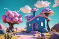 Blue Pink Mushroom house in a magical land aI generated Royalty Free Stock Photo