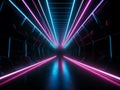 Blue pink neon lights in empty tunnel background. Abstract glow of led lamps in corridor perspective of spaceship. Generative AI