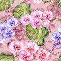 Blue and pink orchid flowers and monstera leaves. Seamless floral pattern. Watercolor painting. Hand drawn illustration.