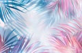 Blue and Pink Palm Tree Leaves on White Background