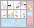 Blue pink pastel greeting card with bear,girl,monkey,balloon,ice cream,house and cat