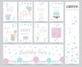 Blue pink pastel greeting card with cute cartoon