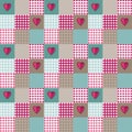 Blue and pink pattern patchwork heart valentine in retro style on white background. Vector seamless tribal pattern