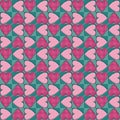 Blue and pink pattern patchwork heart valentine in retro style on white background. Vector seamless tribal pattern