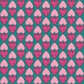 Blue and pink pattern patchwork heart valentine in retro style on white background. Vector seamless tribal pattern