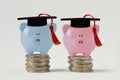 Blue and pink piggy bank with graduation hat on stack of coins - Concept of graduate salaries and gender equality