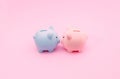 A blue and a pink piggy bank on pastel pink background. Valentines day creative concept. Love and money contemporary artistic