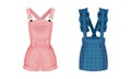 Blue and Pink Pinafore Dress with Skirt and Shoulder Strap Vector Set