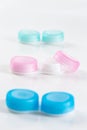 Blue and pink plastic contacts case on the white background Royalty Free Stock Photo