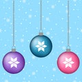 blue, pink, purple christmas balls decoration hanging winter background snow card vector Royalty Free Stock Photo