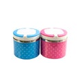 Blue and pink school lunch boxes set on white isolated background