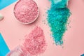 Blue and pink sea salt, nobody, hygiene products Royalty Free Stock Photo