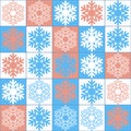 Blue pink snowy christmas background, decorative illustrations seamless pattern, square with snowflake