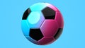 Blue and pink soccer ball on blue background.