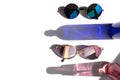 Blue and pink sunglasses with glass bottle reflections Royalty Free Stock Photo