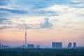 Blue and pink sunrise sky over Moscow city