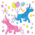 Blue and pink unicorns on the background of balls and stars, vector