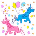 Blue and pink unicorns on the background of balls and stars, vector