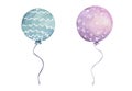 Blue and pink watercolor balloons hand drawn illustration, for cards or invitations