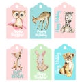 Set of happy birthday gift tags with cute baby animals.