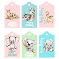 Set of happy birthday gift tags with cute baby animals.