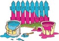 Blue and Pink Wooden Fence with Paintbrushes, Tin Cans Royalty Free Stock Photo