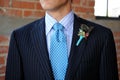 Blue Pinstriped Suit with Tie and Boutonniere Royalty Free Stock Photo