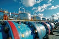 Blue pipes and valves of an oil refinery with cloudy sky in the background Royalty Free Stock Photo